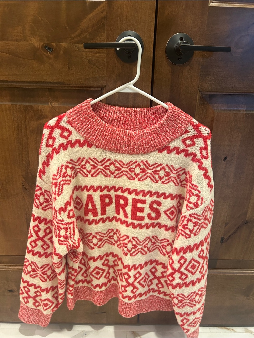 a new day Red and Cream 'APRES' Patterned Crewneck Sweater